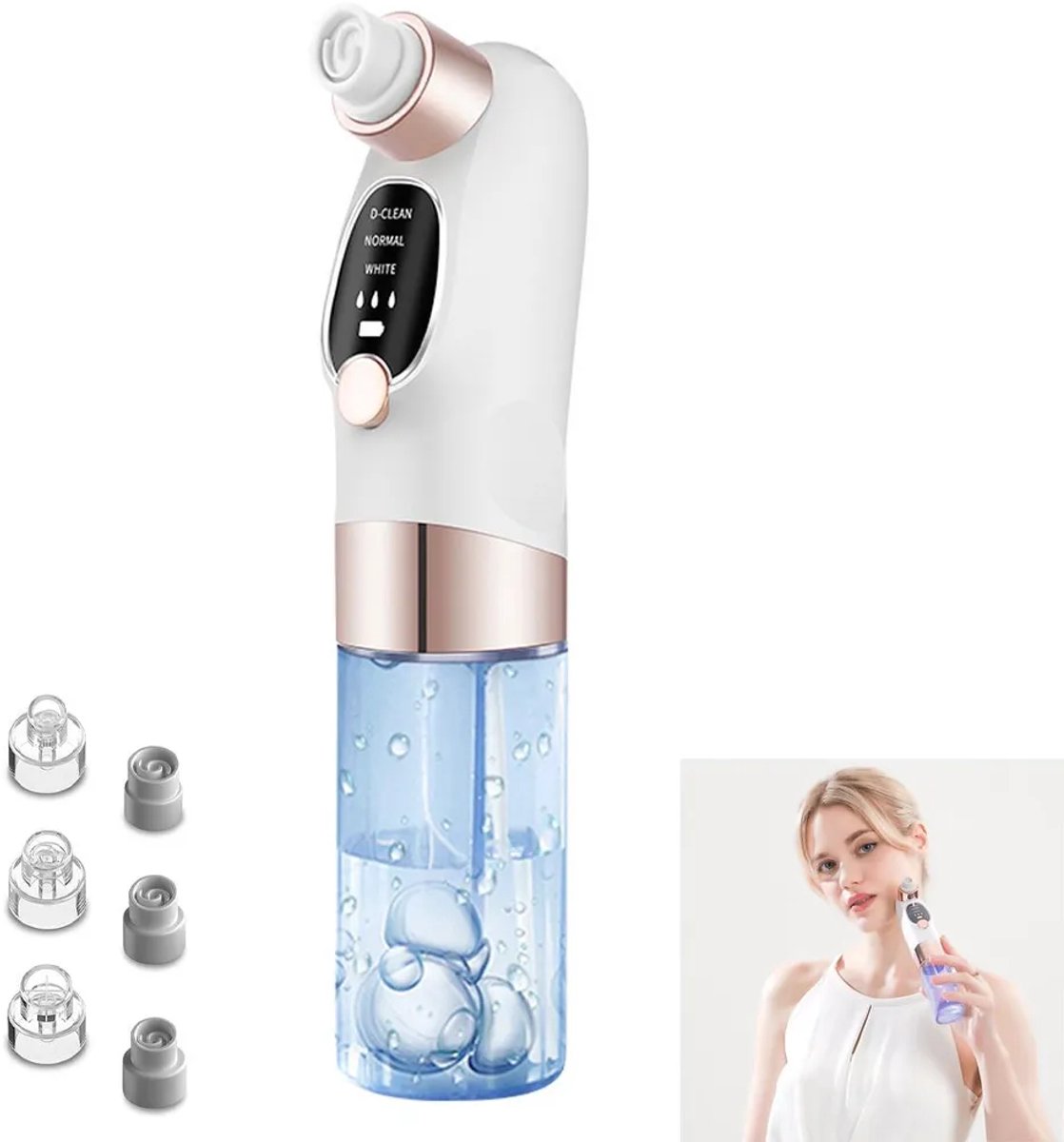 Poriënreiniger en mee-eterverwijderaar, 3 zuigstanden, 6 opzetstukken, Geschikt voor acne, puistjes en mee-eters, Geschikt voor alle huidtypen, unisex.
