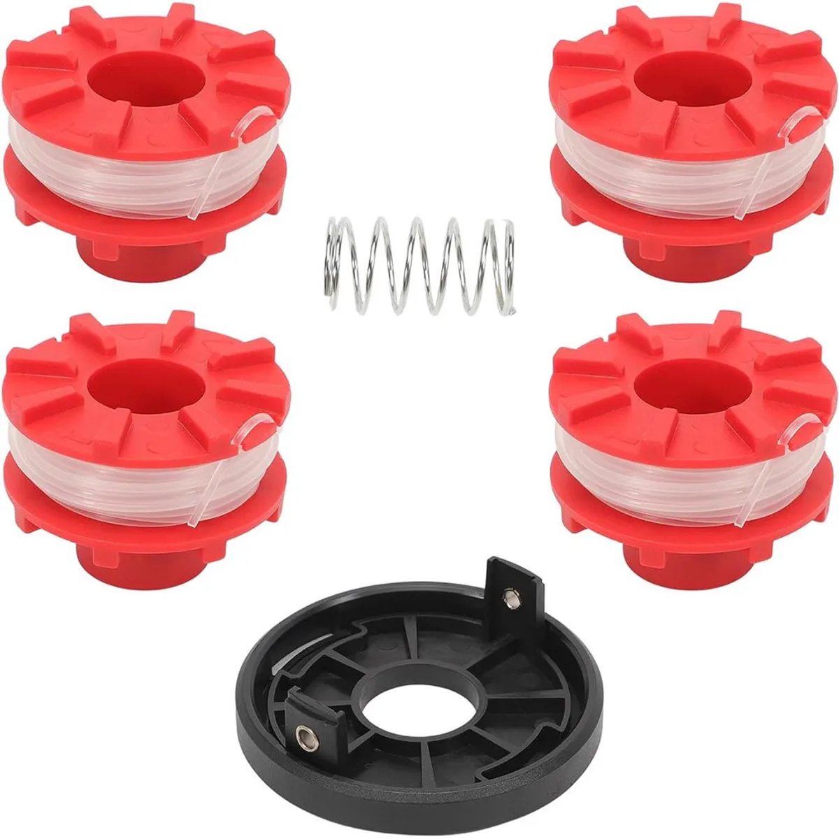 Een spoelset Geschikt voor Einhell GE-CT 36/30, bestaande uit 4 spoelen, dopjes, veertjes en 8 meter nylondraad van 2 mm.
