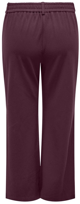 Bordeauxrode broek met elastische tailleband en rechte pijpen.