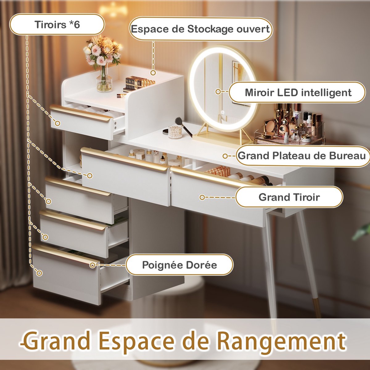 YYchan kaptafel - wit - 100 x 41,5 x 102 cm - met opbergruimte - met LED-verlichting
