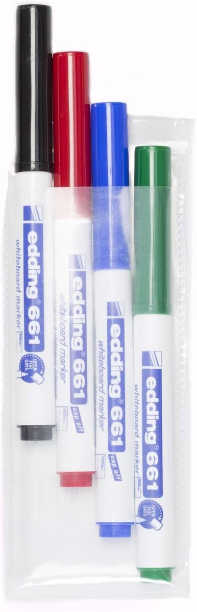 SnelShoppen - Set van 4 Whiteboard Markers met Bullet Tip 1,5-2 mm Zwart/Rood/Blauw/Groen - Geurloze Pigmentinkt, Navulbaar, Geschikt voor Email en Me