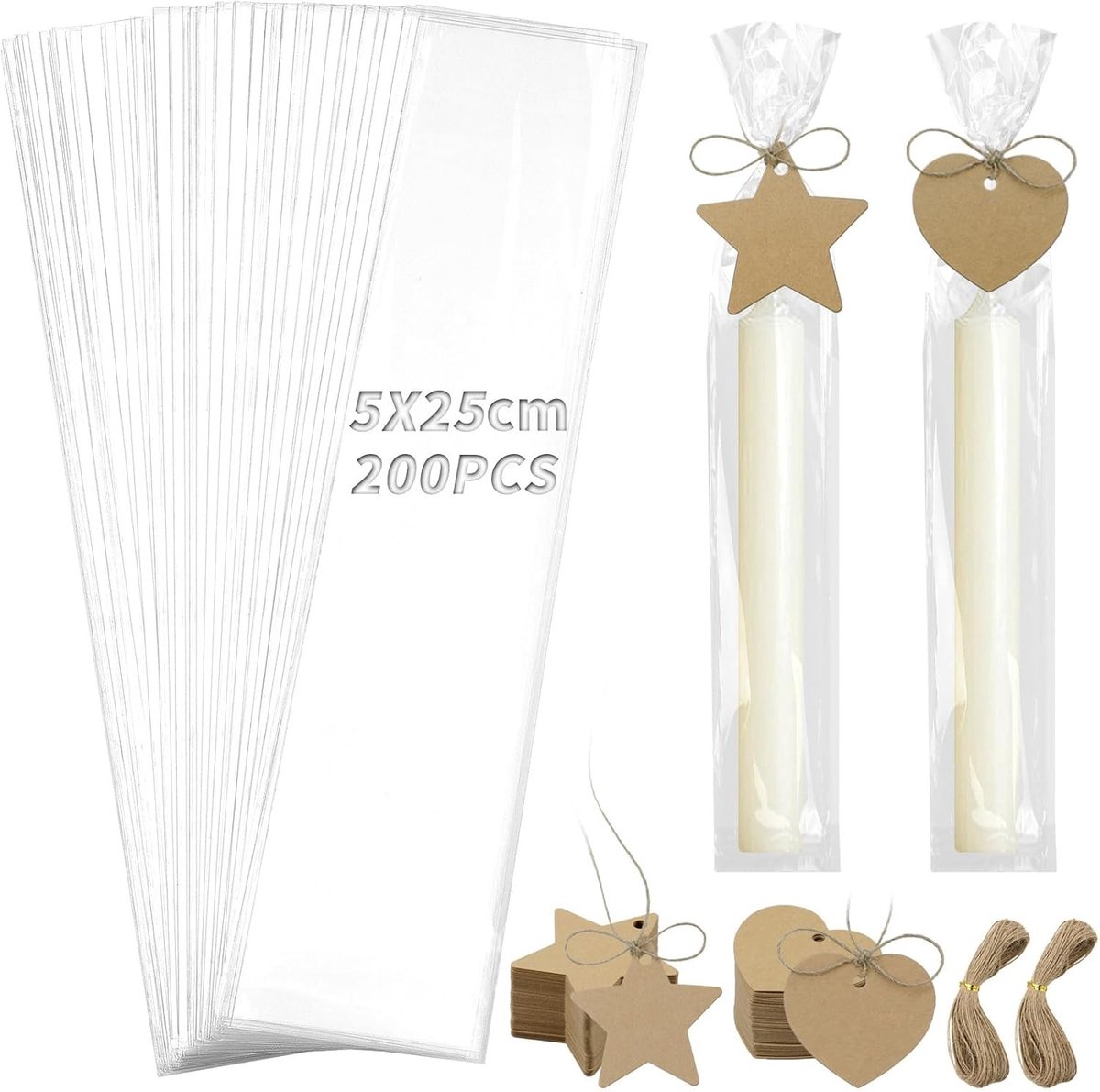 Allecta - Transparante Cellofaanzakjes, 200 stuks, 5 x 25 cm, met Kraftpapier Cadeauhangers - Voor Kaarsen, Snoep, Bruiloften, Feesten, Valentijnsdag