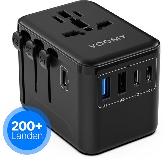 Voomy Universele Wereldstekker - 200+ landen - 35W Snellader - 3 USB-C & 2 USB-A Poorten - Reisstekker voor: Amerika (USA), Engeland (UK), Australië, Zuid Amerika, Afrika, Italië, Thailand - Zwart