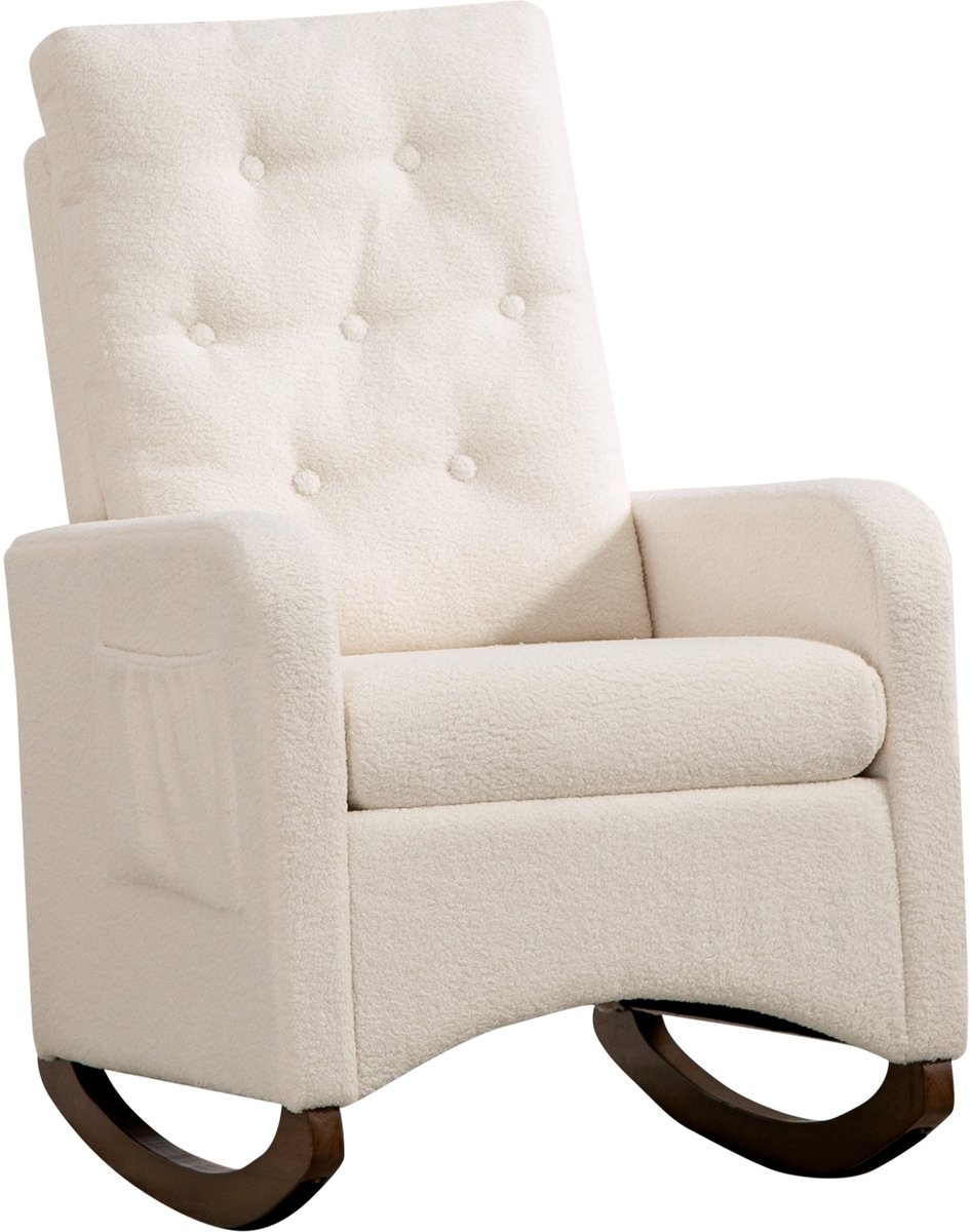 Schommelstoel Stoffen Bekleding - 66x65x86cm - Fauteuil Lounge - Relaxstoel - Leesstoel Met Zijvak - Hoge Rugleuning - Houten Poten - Voor Woonkamer En Slaapkamer - Beige