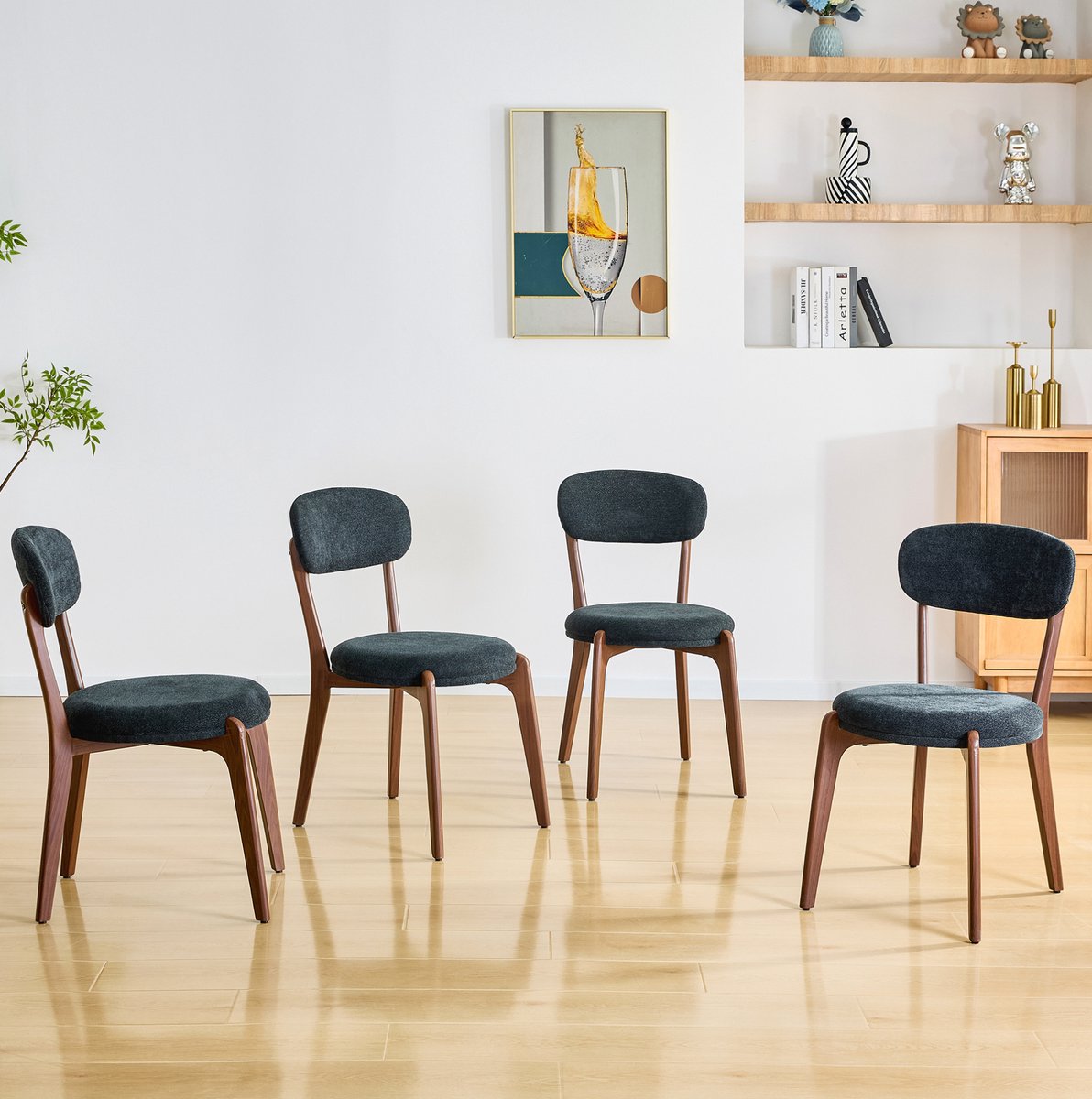STILVORA Eetkamerstoel - Set Van 4 - Comfortabele Gewatteerde Zitting - Voor Eetkamer En Keuken - Stof En Metaal - Zwart Black