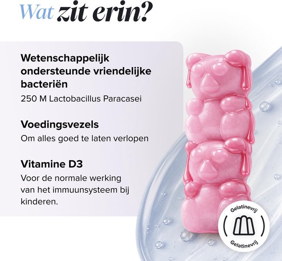 Drie gestapelde roze berenvormige gummies. Tekst over ingrediënten: probiotica, vezels, vitamine D3. Iconen.
