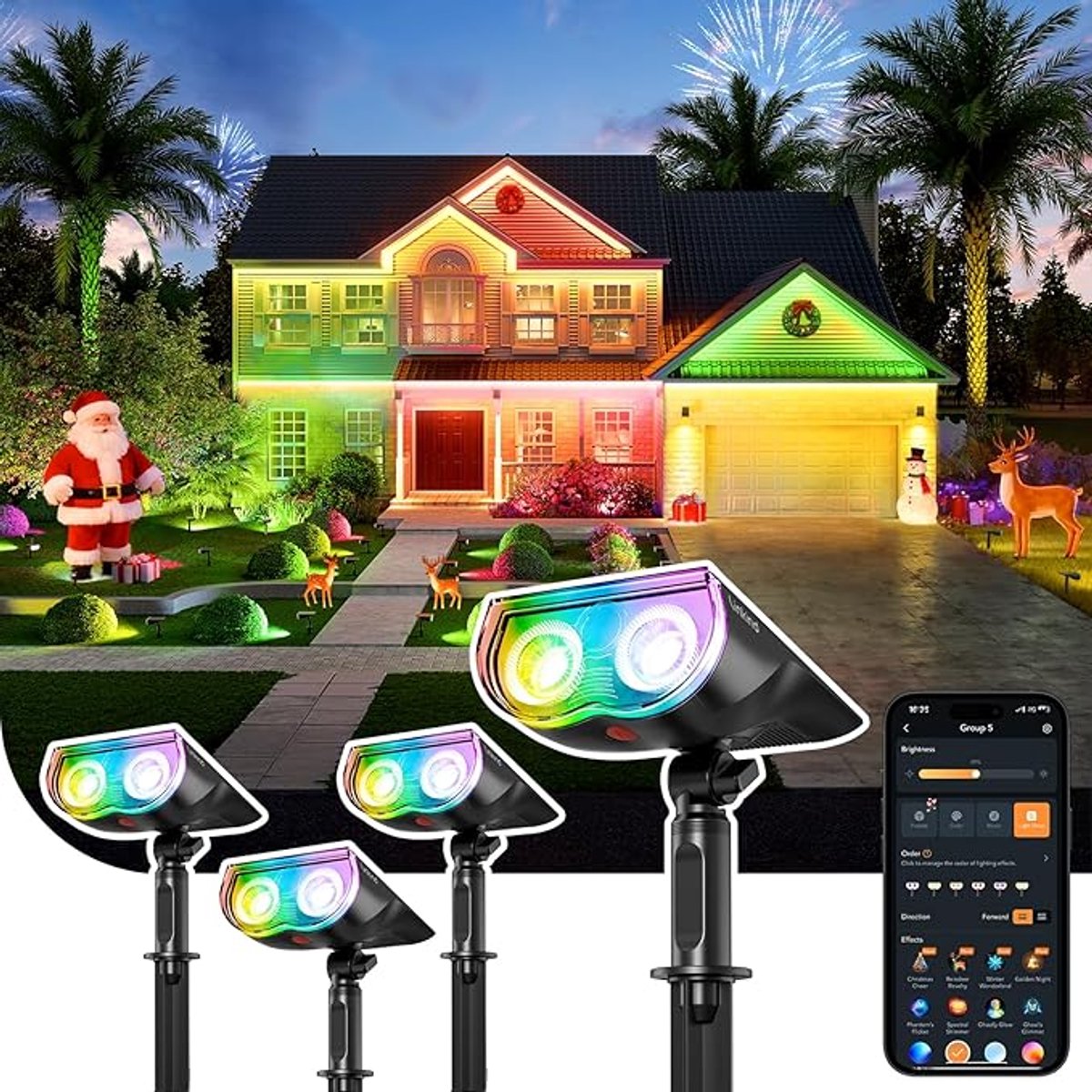 Smart RGBTW Solar Schijnwerper Set Van 4 - Slimme Zonne-energie Tuinspots Met 16 Miljoen Kleuren - App Bediening Met Groepsfunctie, Muzieksynchronisatie En Rood Lichtalarm - IP65 Waterdichte Buitenverlichting Voor Boom, Tuin En Terras
