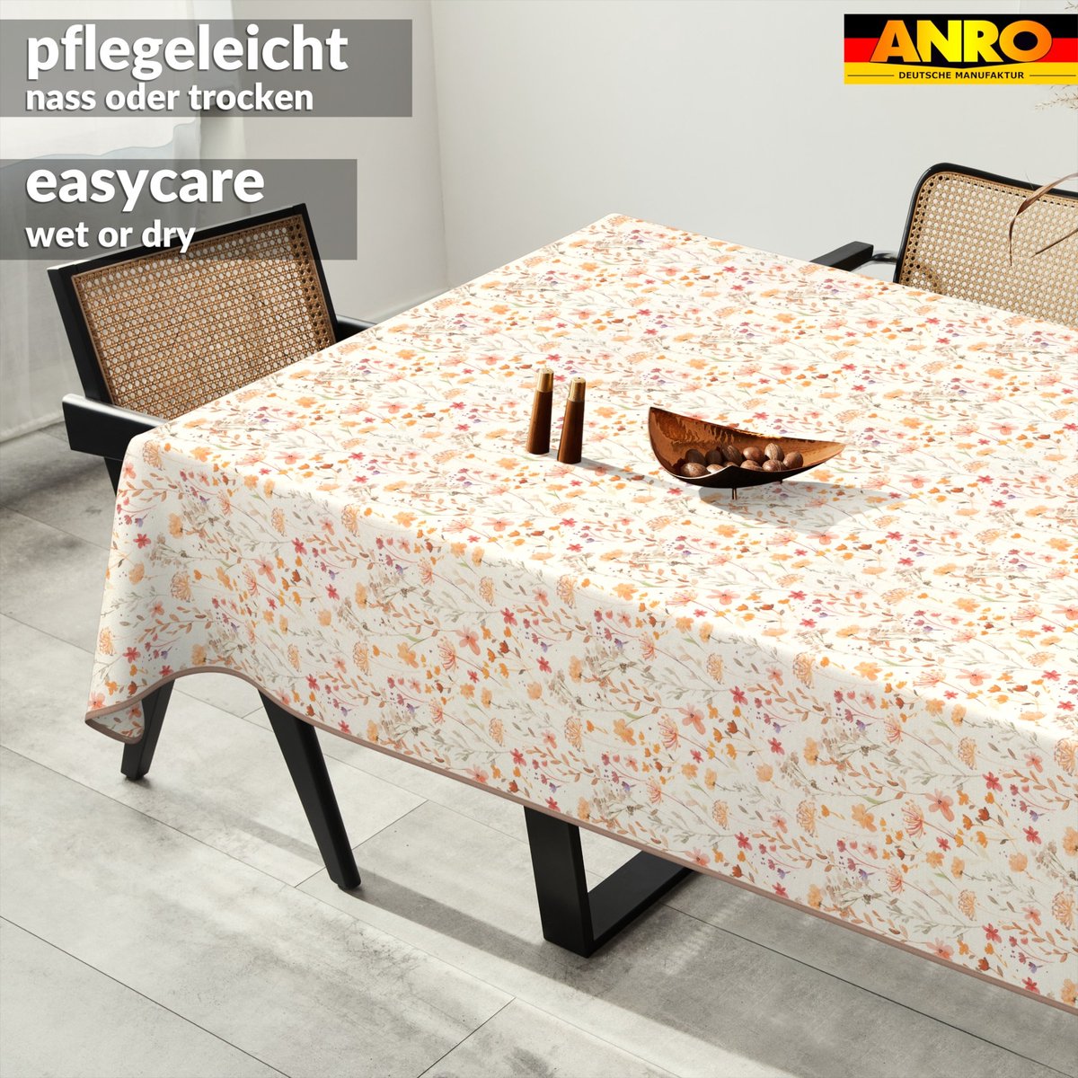 ANRO Tafelkleed Bloemen en bladeren Beige 180x140cm Met sierband Afwasbaar Waterafstotend