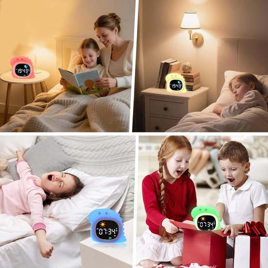 Kids Alarm Clock, Sunrise Alarm Clock with Night Light, LED Display Clock with Sleep Music Soothing Sounds, Snooze Function, 12/24H, 5 Adjustable Brightness for Bedroom, White Dinosaur — afbeelding 3