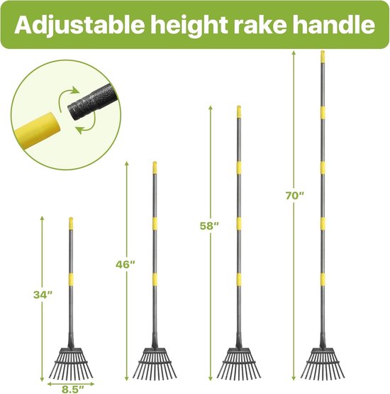 Thijox - Heavy Duty Tuinhark voor Bladeren - 70 Inch Metalen Hark met 11 Tanden - Verstelbaar Stalen Handvat voor Gazons, Tuin, Struiken en Bloembedde — afbeelding 2