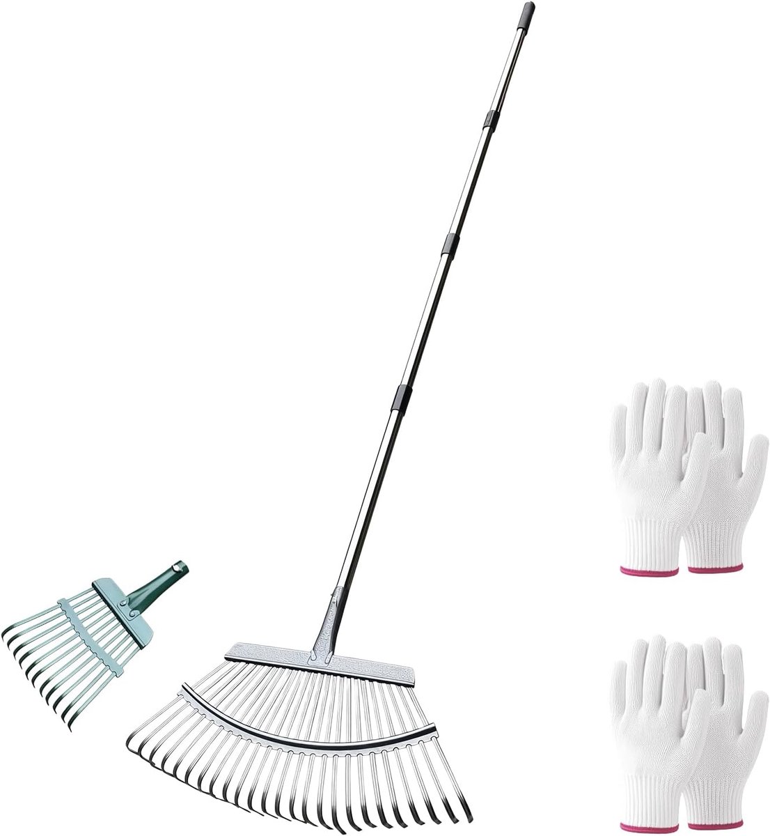 Tuin Bladhark - Gazonhark Hooihark - Tuinonderhoud Grond Losmaken - Verstelbare Steel 70-185cm - 25+11 Tanden - Zilver