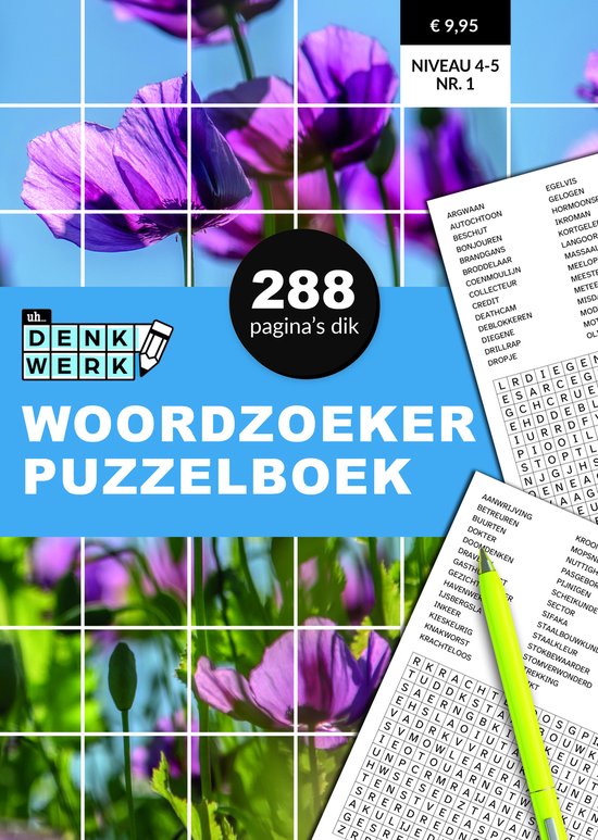 Woordzoeker en puzzelboek van Denkwerk, 288 pagina's, niveau 4-5, nummer 1. De cover toont roze klaprozen.