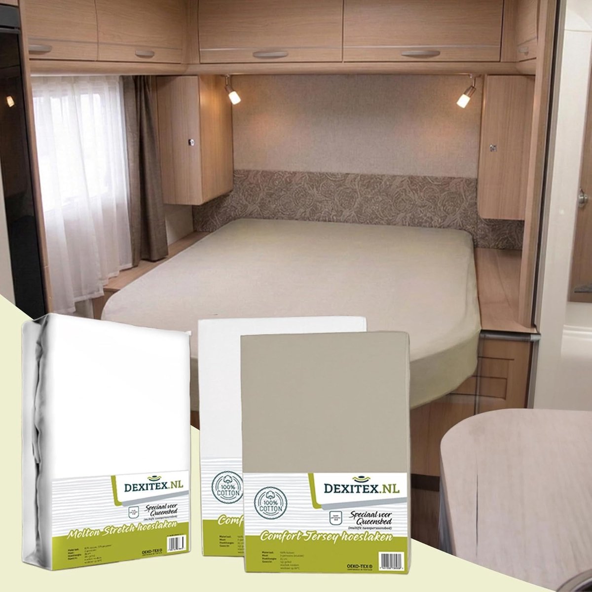 Thijox - Bettlaken Wohnwagen Queensbett - 3er Set - 1 Molton + 2 Spannbettlaken - Katoen - Multi-Stretch - Sand + Wit - Perfect voor Camping en Vrije