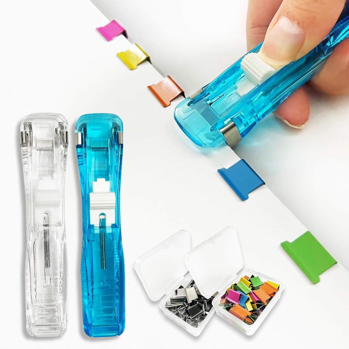 Thijox - Papier Clam Clip Dispenser, 2 Stuks Draagbare Mini-Nietmachine met 100 Herbruikbare Nietjes, Handheld Clam Clip Dispenser voor Thuis, School