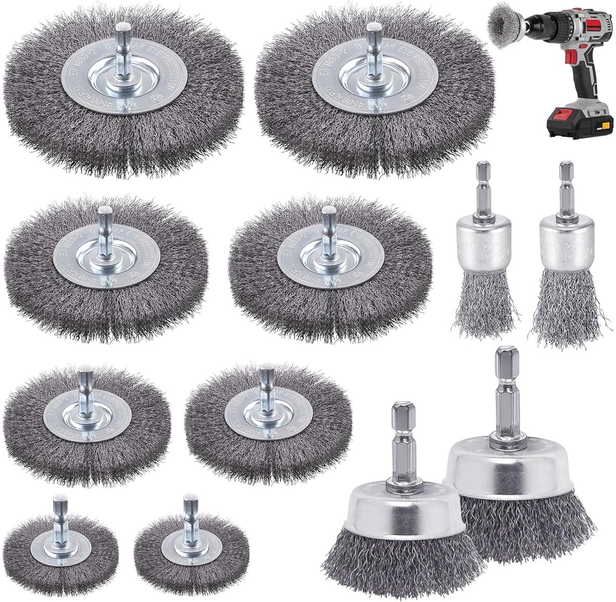 Thijox - 12 Stuks Draadborstel Set voor Boormachine, 6 mm Stalen Borstels met Zeskantstang, Voor Slijpen, Polijsten, Ontroesten en Reinigen