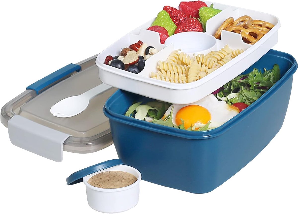 Thijox - Greentainer to Go Saladeschaal 75 oz, Grote Bento-Lunchbox met Deksel, 5-vaks Bakjes, Dressingcontainer, Stapelbaar, Lekvrij, BPA-vrij, Magne