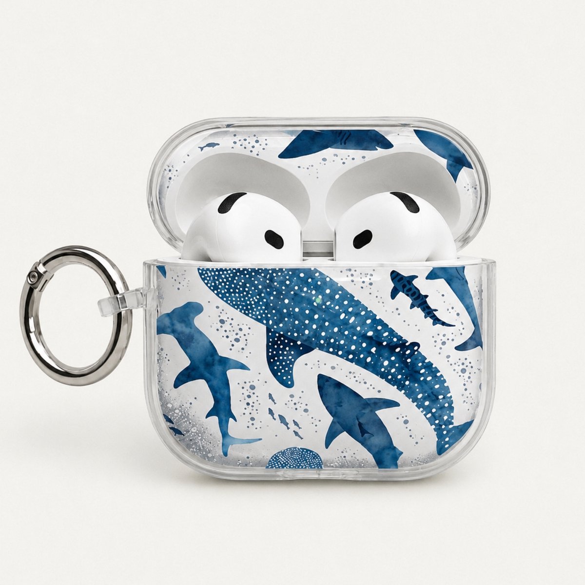 Enluxe Case geschikt voor Airpods 4 - Blauwe Haaien - Transparant Hoesje met Ring, Schokbestendig
