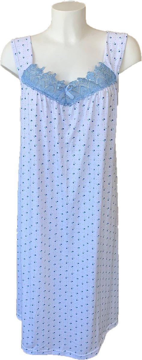 Dames Nachtjapon Gebloemd met kant en brede band - Nachthemd zonder mouwen - 100% katoen - kleur Blauw - maat M