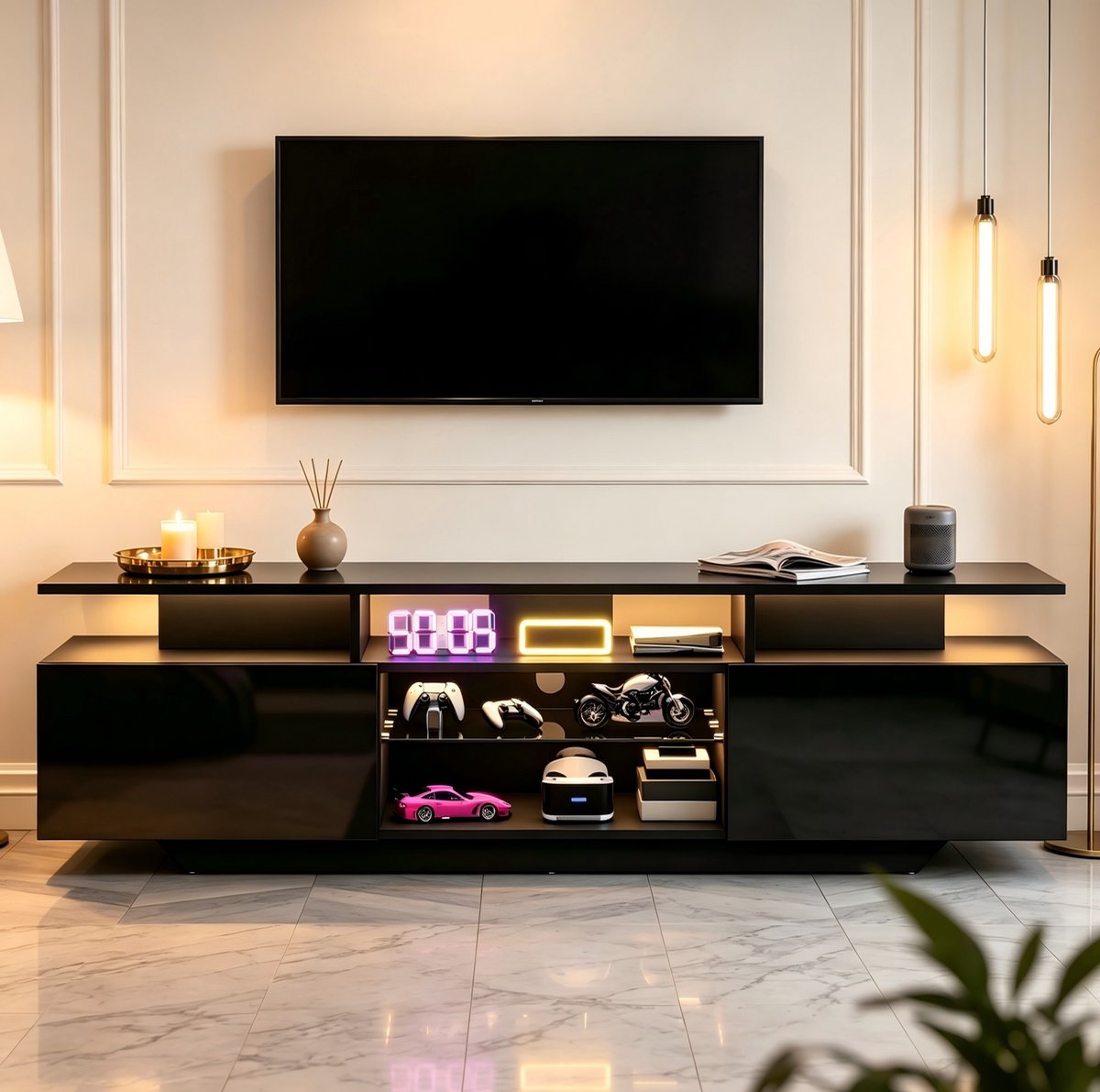 OKWISH Tv-Meubel - Ledverlichting Via App - Voor Woonkamer - Hoogglans Met 2 Kasten En 8 Vakken - MDF En Glas Zwart - 160x40x45 Cm