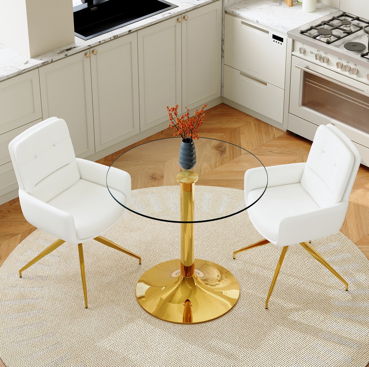 REDOM - Set tafel en stoelen - Ronde eettafel van gehard glas - Met metalen onderstel - 360° draaistoelen - Modern - Eetkamer - Transparant, Wit en Goud - 85 cm