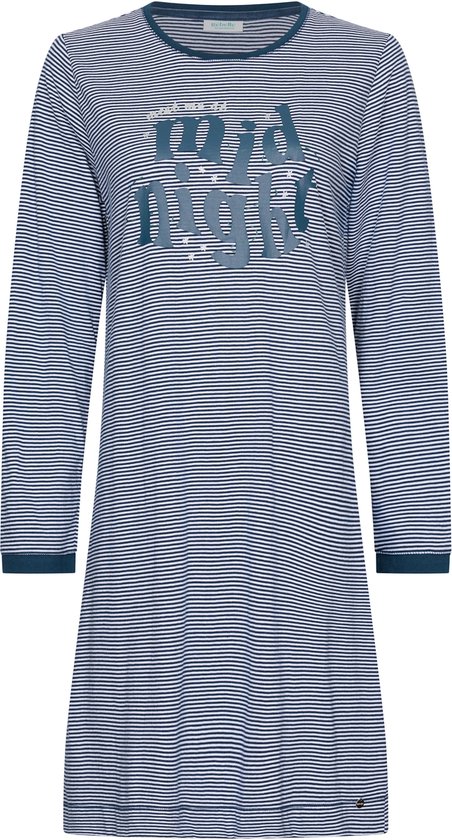 Blauw en wit gestreept nachthemd met lange mouwen en "midnight" tekst opdruk.