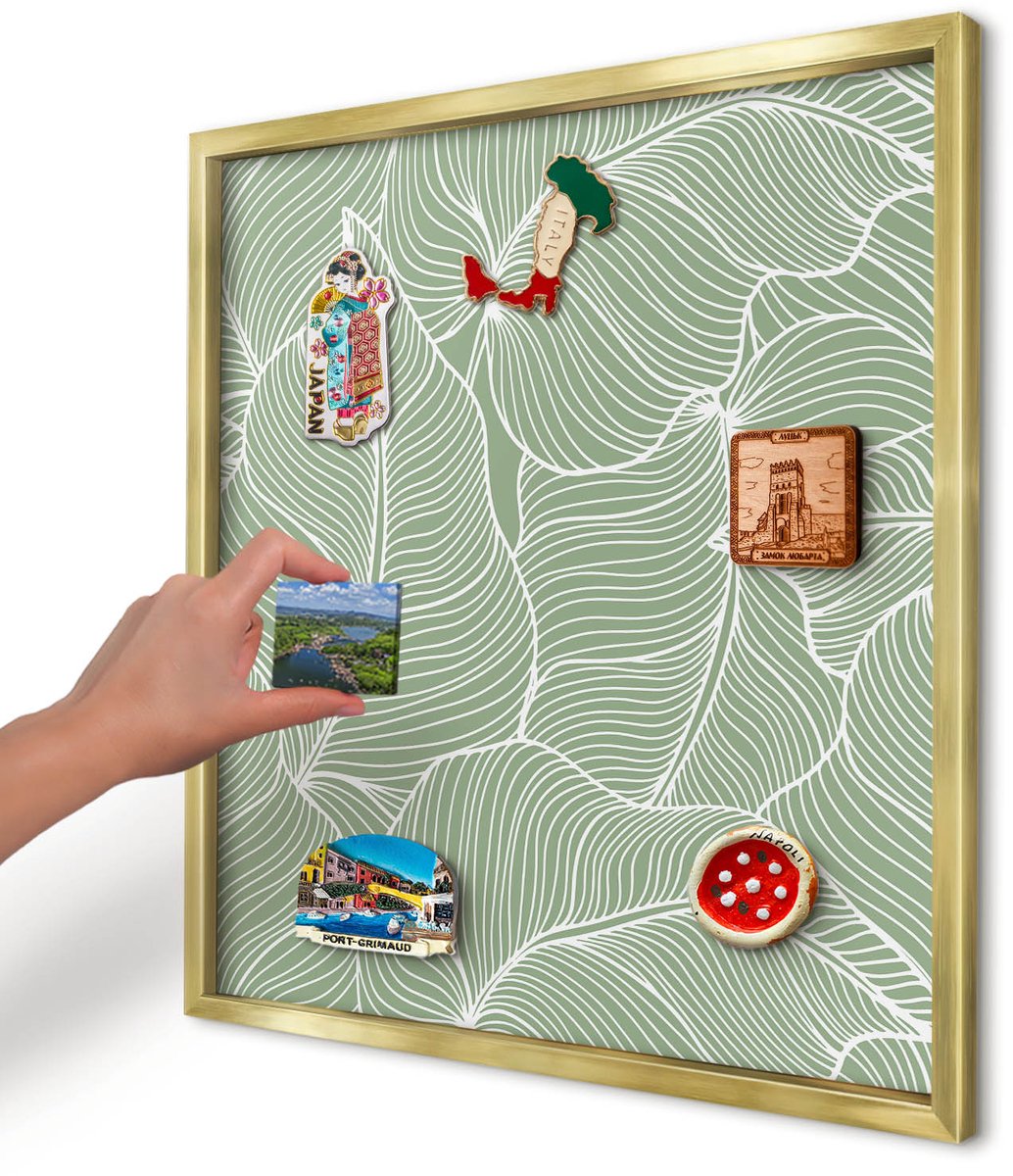 Artprintcave Groente Magneetbord mit Gouden Frame - 50x50 cm - Tropische Bladeren Memobord Keuken - Minimalist Wandbord Magnetisch - Bloemen En Planten