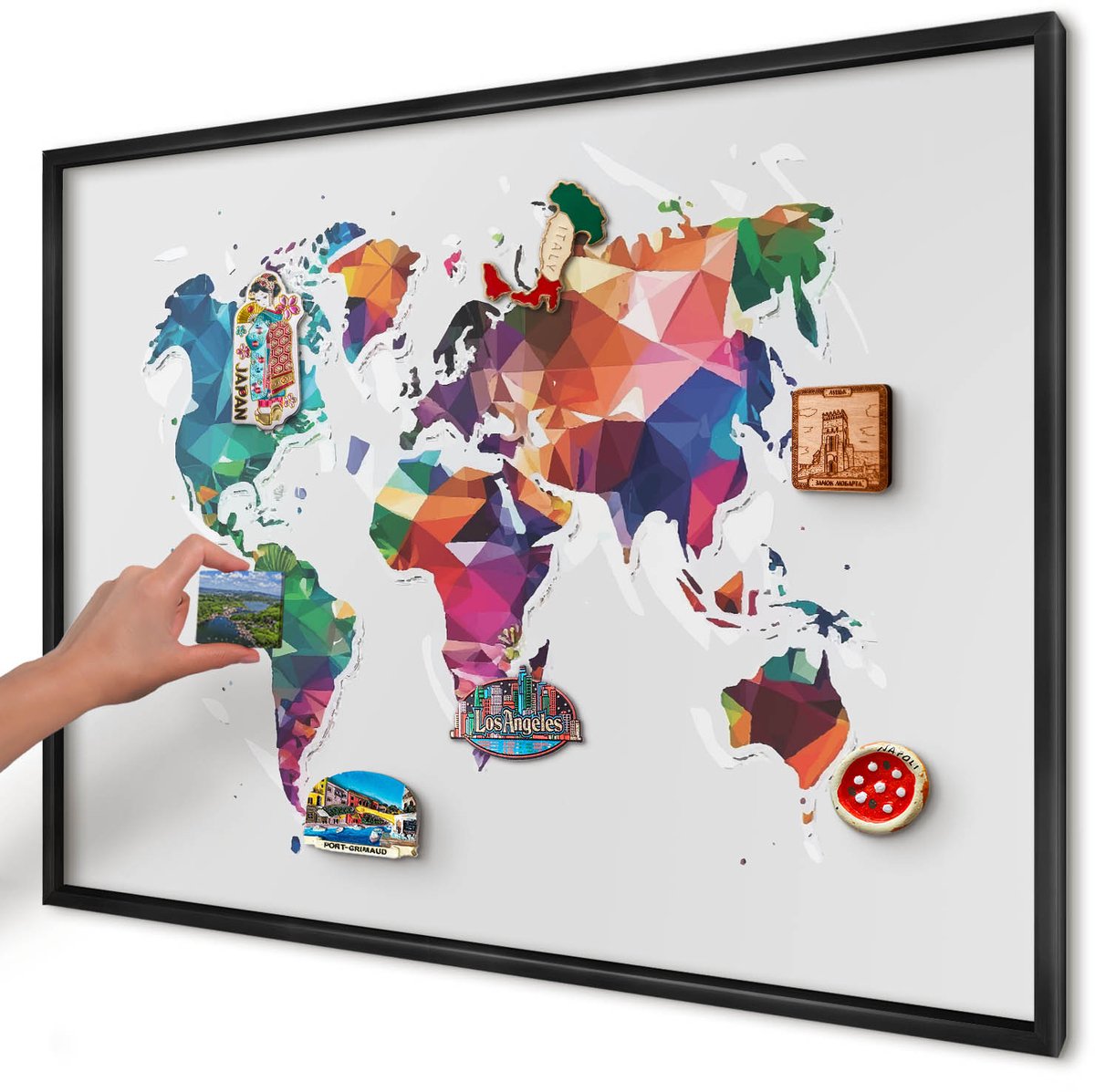 Artprintcave Grijs Magneetbord mit Zwart Frame - 100x70 cm - Wereldkaart Memobord Keuken - Geometrische Wandbord Magnetisch - Kaarten