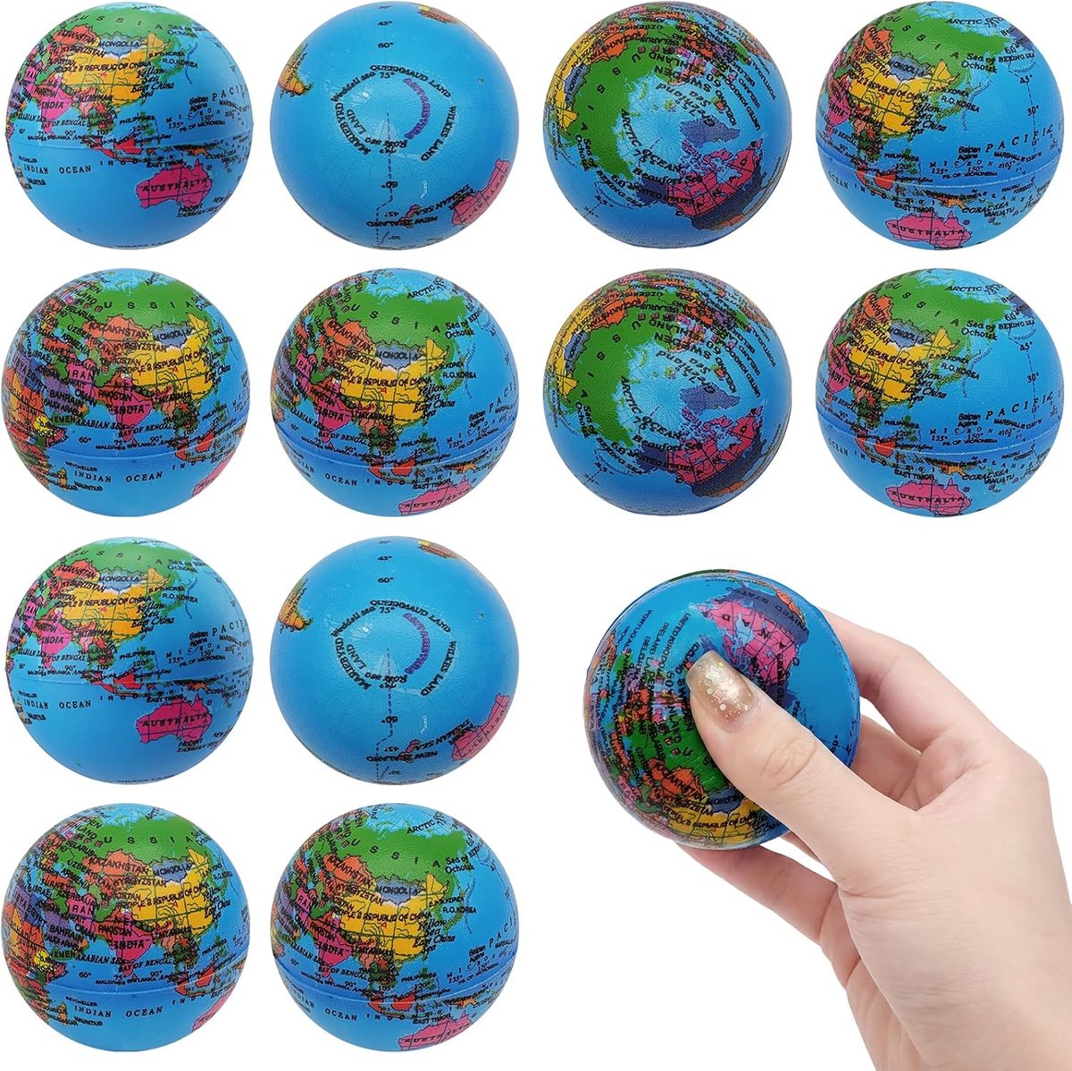 12 stuks stressballen, antistressbal, wereldbol stressbal, stressbal wereldbol, schuimballen, knijpbal, voetbal stressballen, antistressspeelgoed voor kinderen en volwassenen