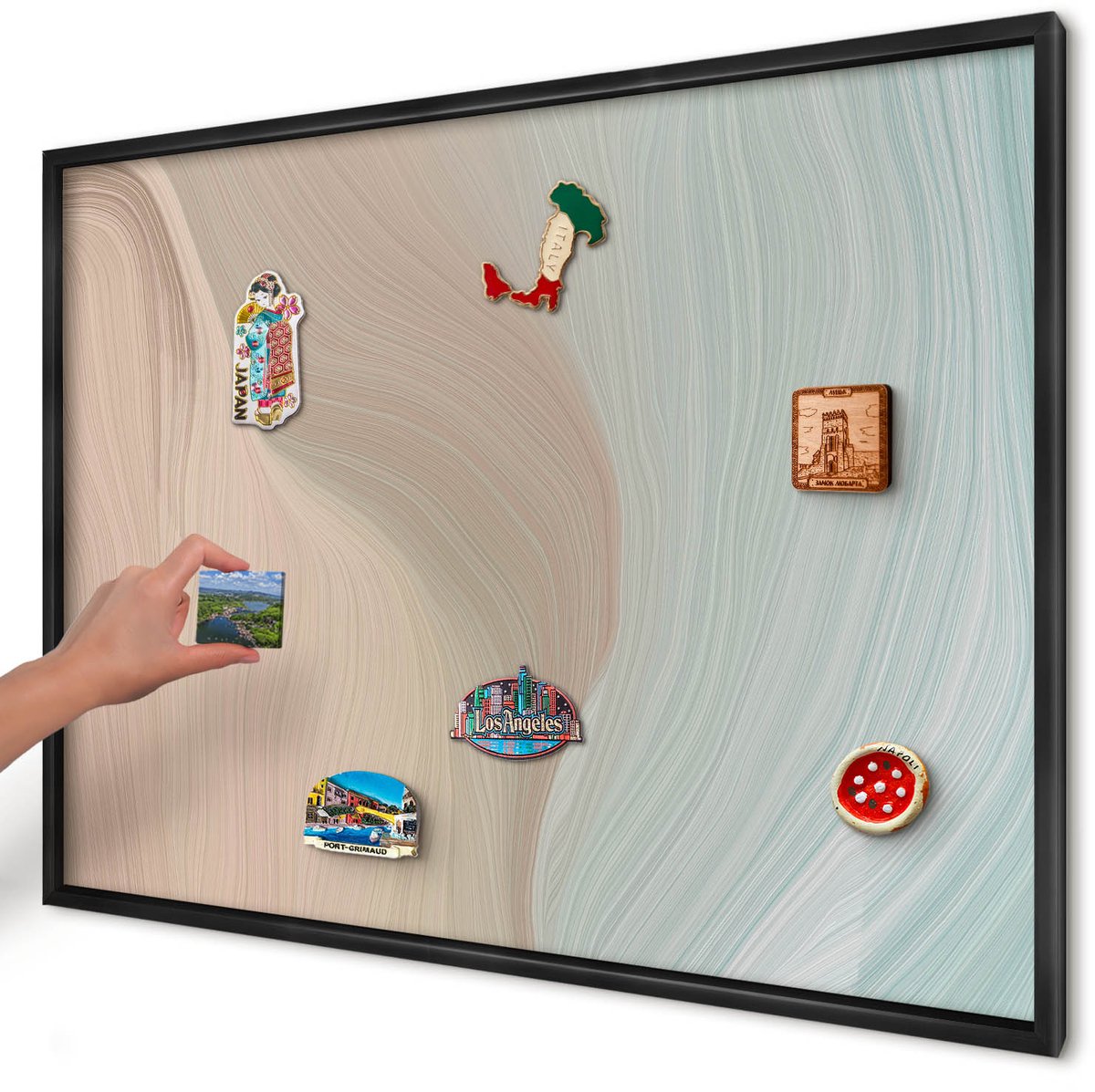 Artprintcave Beige Magneetbord mit Zwart Frame - 100x70 cm - Pastelkleurige Werveling Notitiebord - Abstract Magneet Bord mit Frame - Abstractie