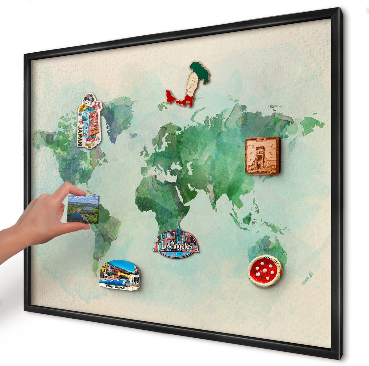 Artprintcave Groente Magneetbord mit Zwart Frame - 80x60 cm - Wereldkaart Notitiebord - Waterverf Memobord Keuken - Kaarten