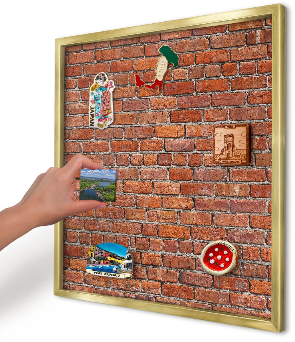 Artprintcave Bruin Magneetbord mit Gouden Frame - 50x50 cm - Baksteenmotief Magnetisch Bord - Industrieel/Loft Magnetische Organizer - Texturen