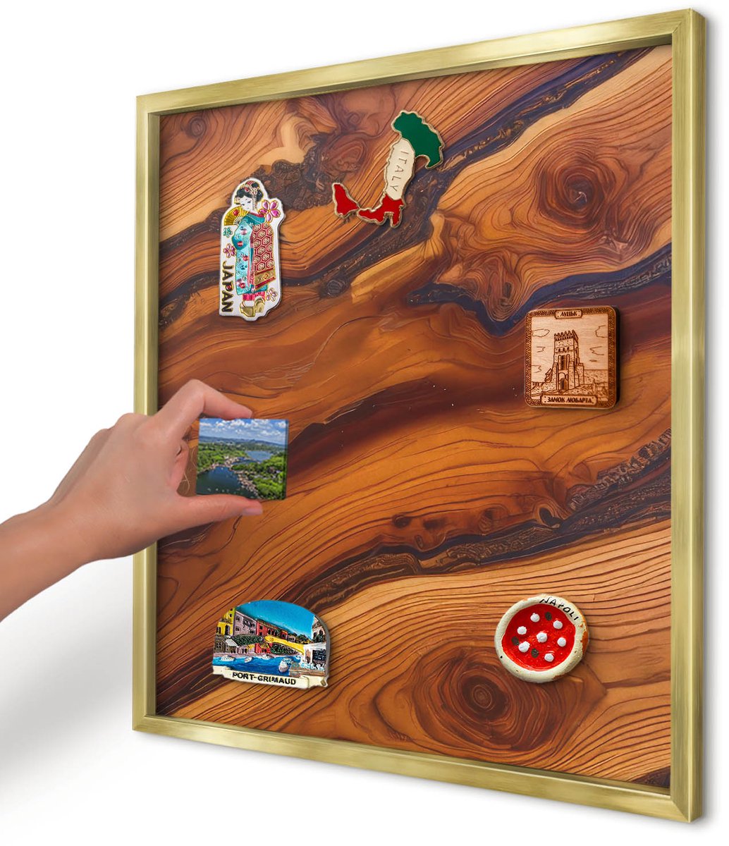 Artprintcave Bruin Magneetbord mit Gouden Frame - 50x50 cm - Houten Ringen Magnetische Organizer - Rustiek Wandbord Magnetisch - Texturen