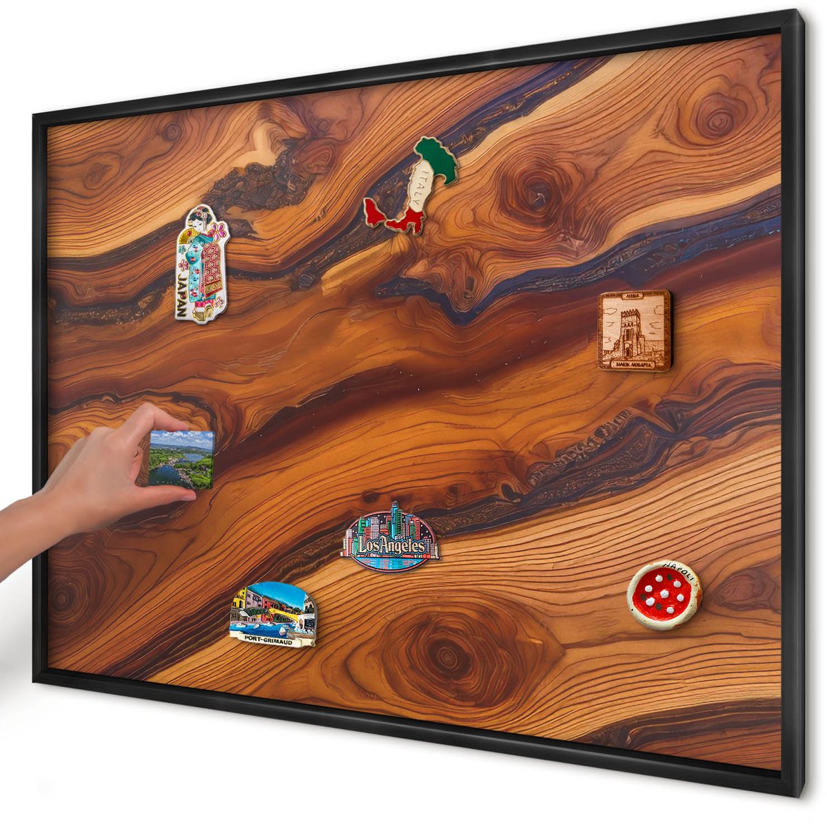 Artprintcave Bruin Magneetbord mit Zwart Frame - 100x70 cm - Houten Ringen Bord Voor Magneten - Rustiek Magneet Bord mit Frame - Texturen