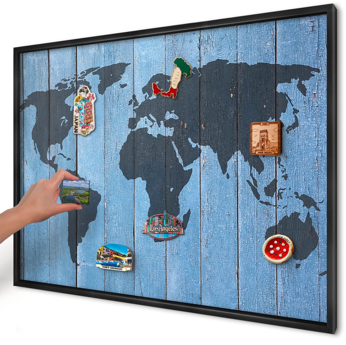 Artprintcave Blauw Magneetbord mit Zwart Frame - 100x70 cm - Wereldkaart Bord Voor Magneten - Rustiek Magneet Bord mit Frame - Kaarten