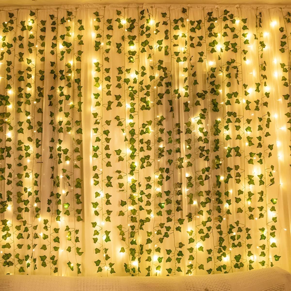 SnelShoppen - Kunstmatige Klimop Slinger met 200 LED Lichten voor Bruiloft, Feest, Tuin, Balkon - 12 Stuks, 2.1m Lang, Groene Decoratie