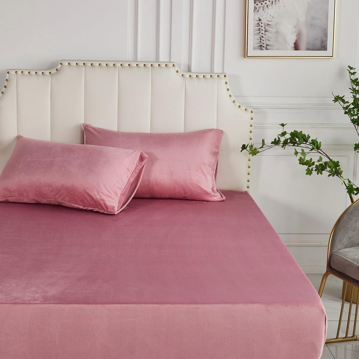 SnelShoppen - Fitted Sheet 200 x 200 cm Fleece Dusky Pink Plush Warm Winter Dubbel Bedlinnen voor Boxspring Terry Knuffelzacht Effen Patroon Geschikt