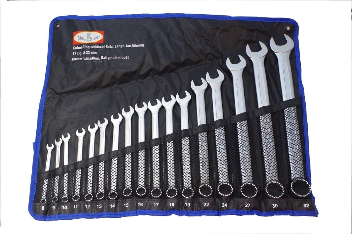 XXL Maulringsleutel Set Extra Lang 8-32 mm - 17-delig - Geordend in een Tetron roltas - ShopVlot
