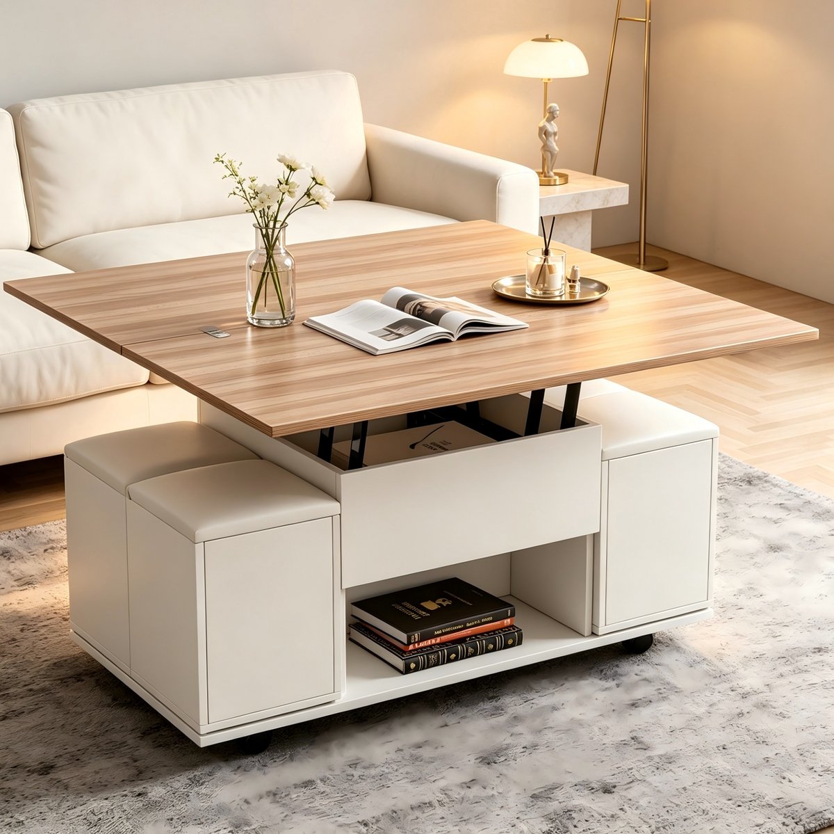 MIVRAY Salontafel - Hoogteverstelbaar 3 In 1 Ontwerp Met Opbergruimte En Wielen - Voor Woonkamer En Werken - Spaanplaat - 100x50x48 Cm - Wit Naturel