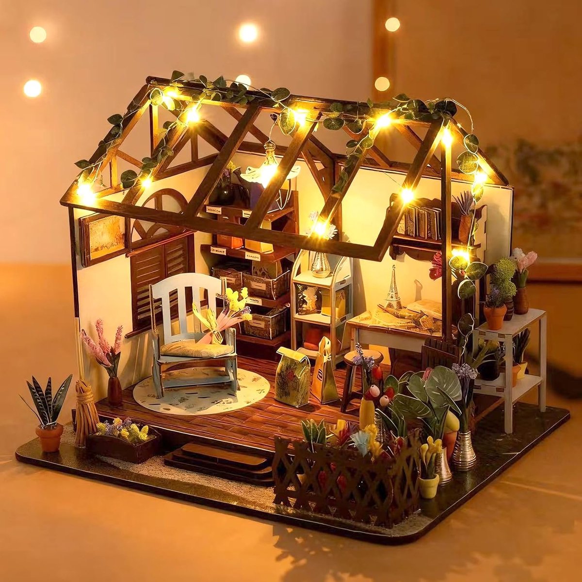 Miniatuur set voor poppenhuis met LED-lichten, creatief handwerk en decoratieartikel, voor volwassenen en tieners, idee voor een kerstcadeau of verjaardagscadeau (poppenhuis)