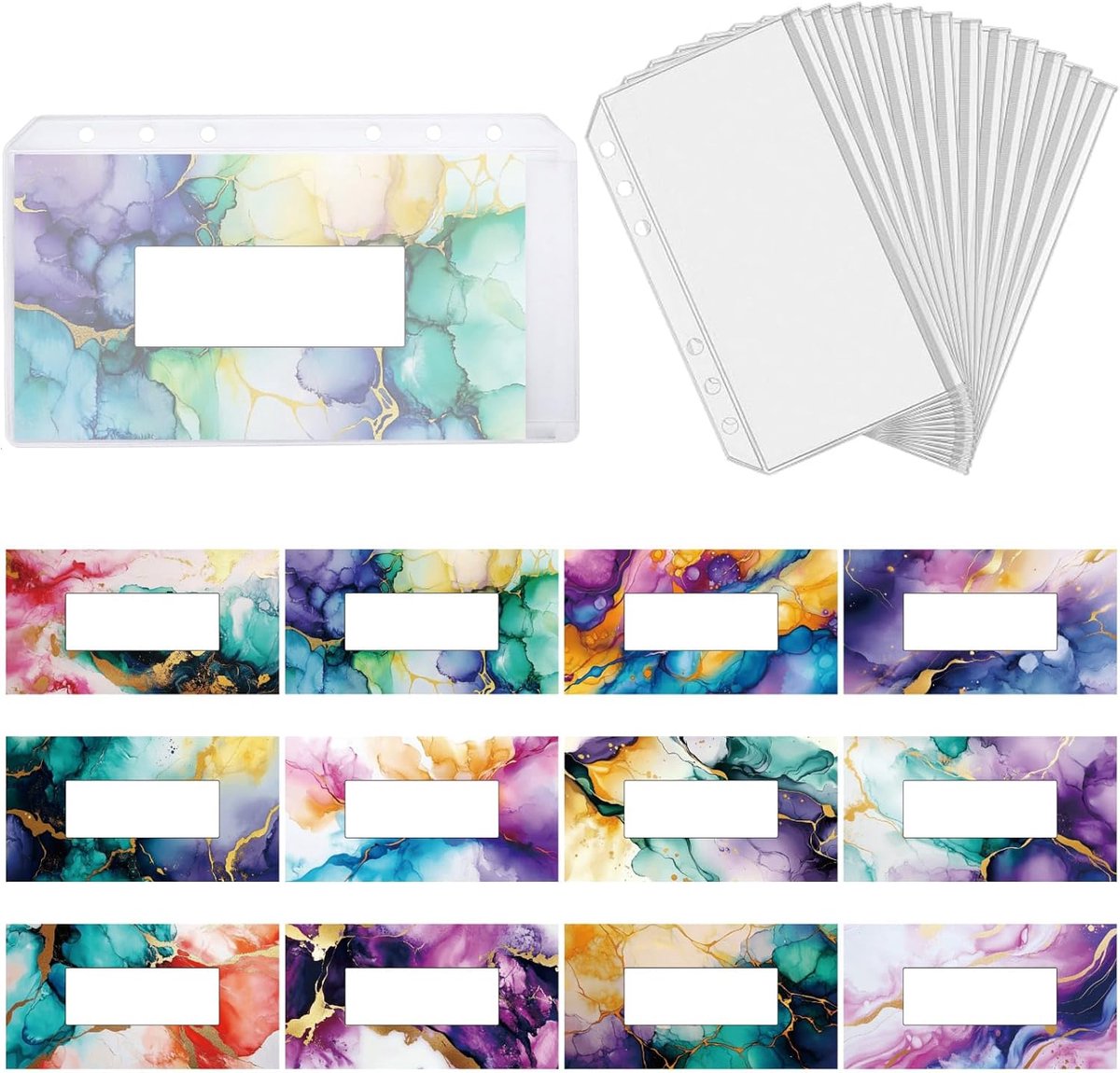 24 Stuks Budget Binder Enveloppen PVC A6 Size Binder Zakken Clear Rits Mappen Marmer Rechthoek Cash Geld Besparen Buget Vellen Papier Verdelers met Engels Stickers voor Geld Organizer Systeem