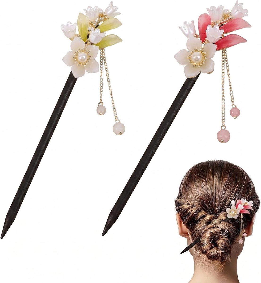 2 stuks haarstokken, haarstaaf, haarspeld, Japans, hout, vintage, Chinese haaraccessoires, vlinderbloem, parelversiering, Kanzashi, geschikt voor dames en meisjes met lang haar