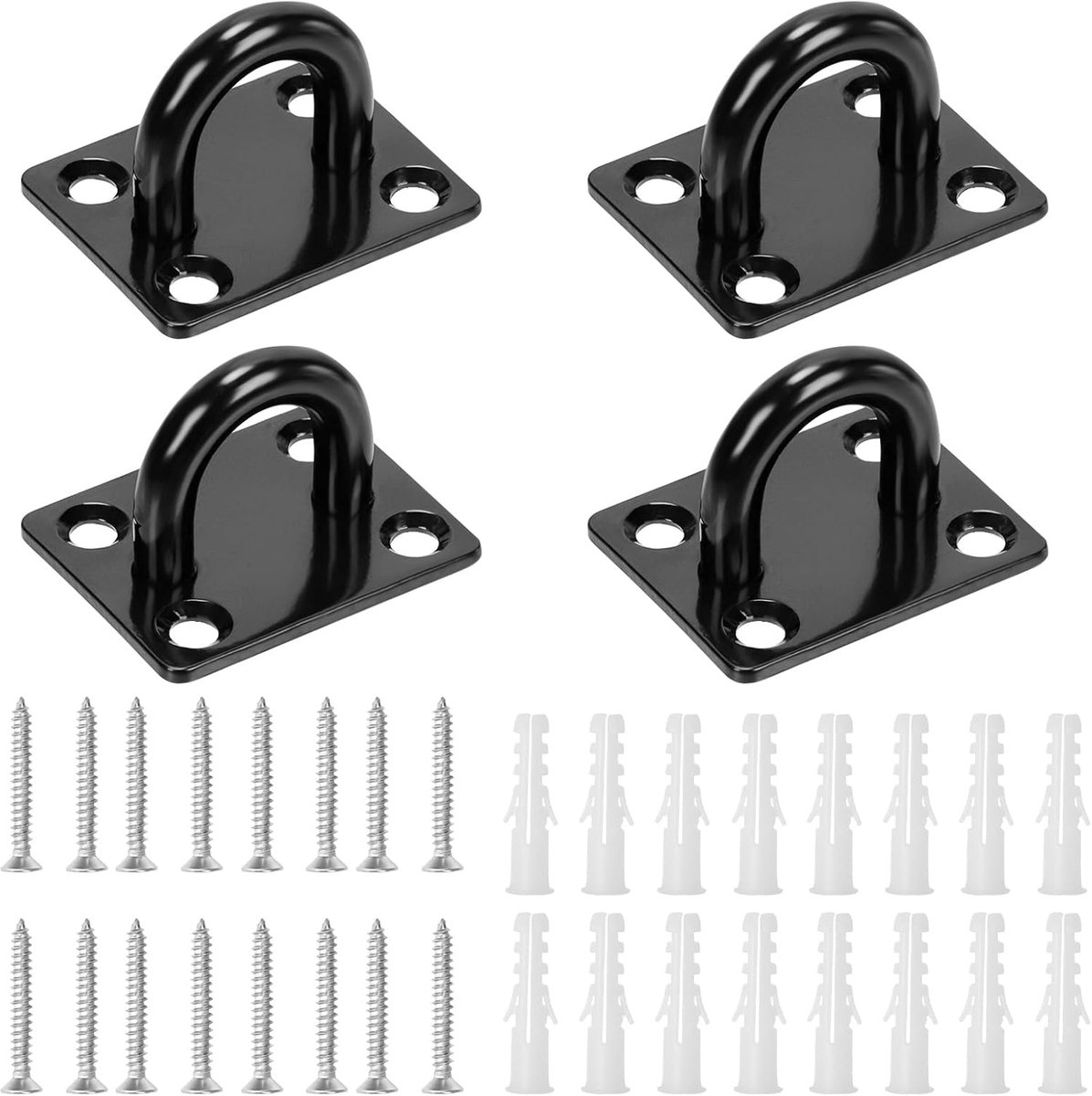 4 stuks M8 304 roestvrij staal zwart vierkant pad oogplaat haak met schroeven en plastic ankers assortiment kit, Marine hardware haken plafond U haak nietring haken voor het bevestigen