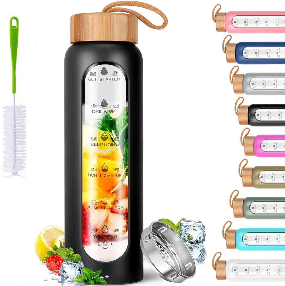 KZQ 1 liter glazen waterfles met tijdmarkering en rieten - Lekvrij en BPA - Motivatie voor fitness en dagelijks gebruik - Zwart