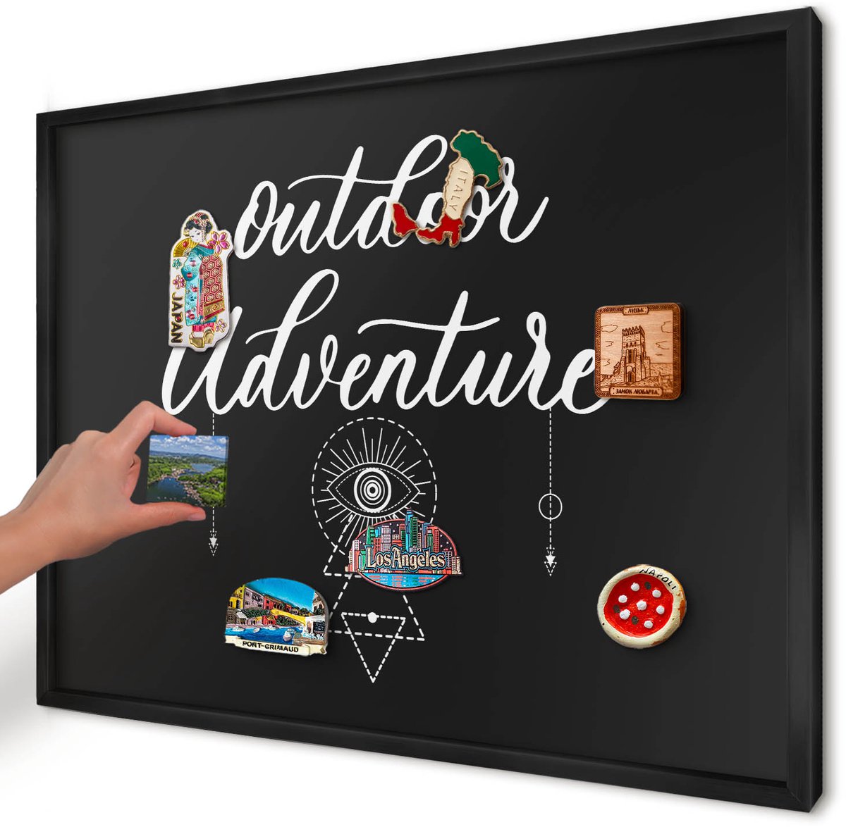 Artprintcave Zwart Magneetbord mit Zwart Frame - 70x50 cm - Buitenavontuur Wandbord Magnetisch - Typografisch Magneet Bord mit Frame - Teksten