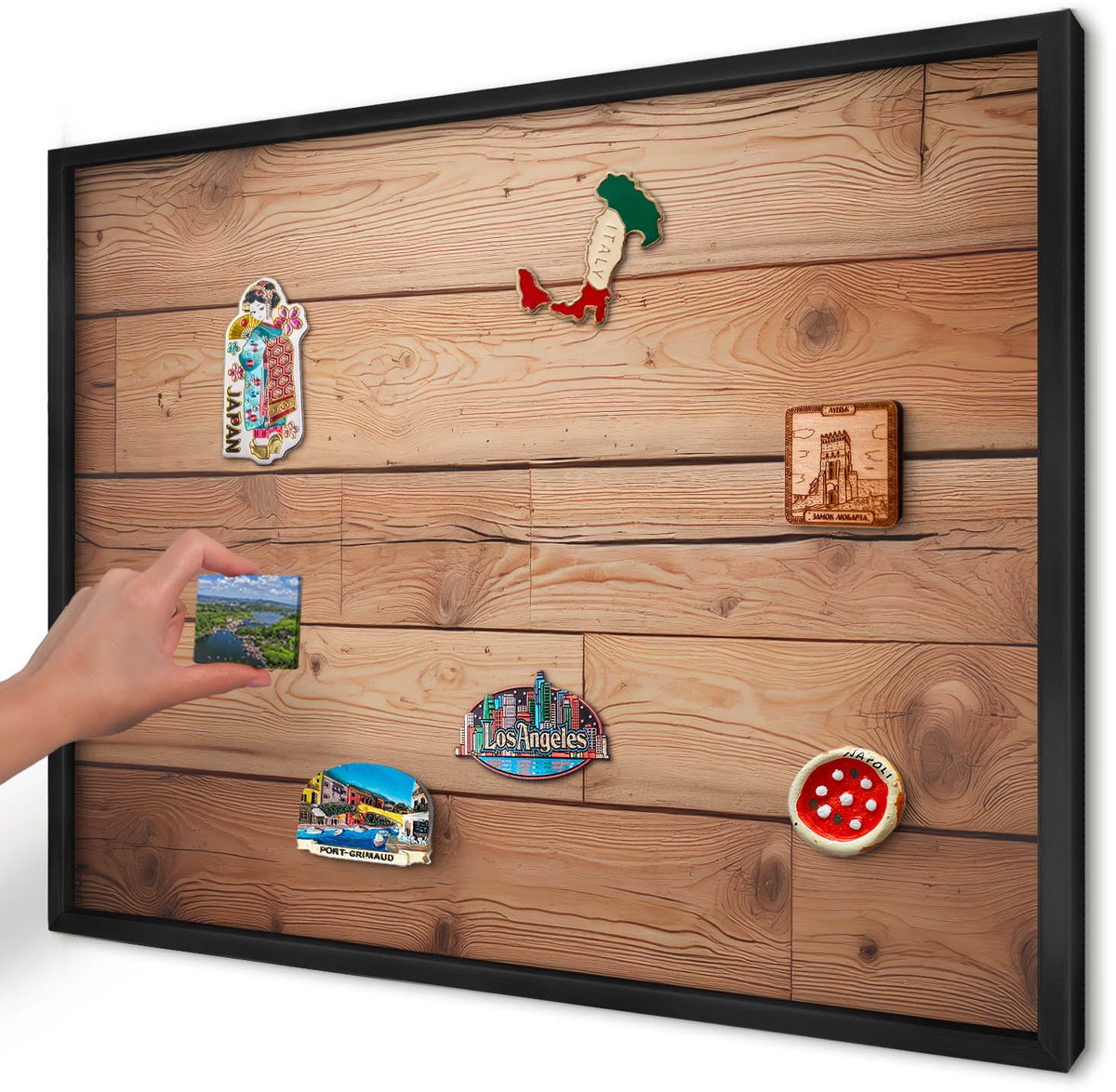 Artprintcave Bruin Magneetbord mit Zwart Frame - 70x50 cm - Houten Planken Magneet Bord mit Frame - Rustiek Memobord Keuken - Texturen