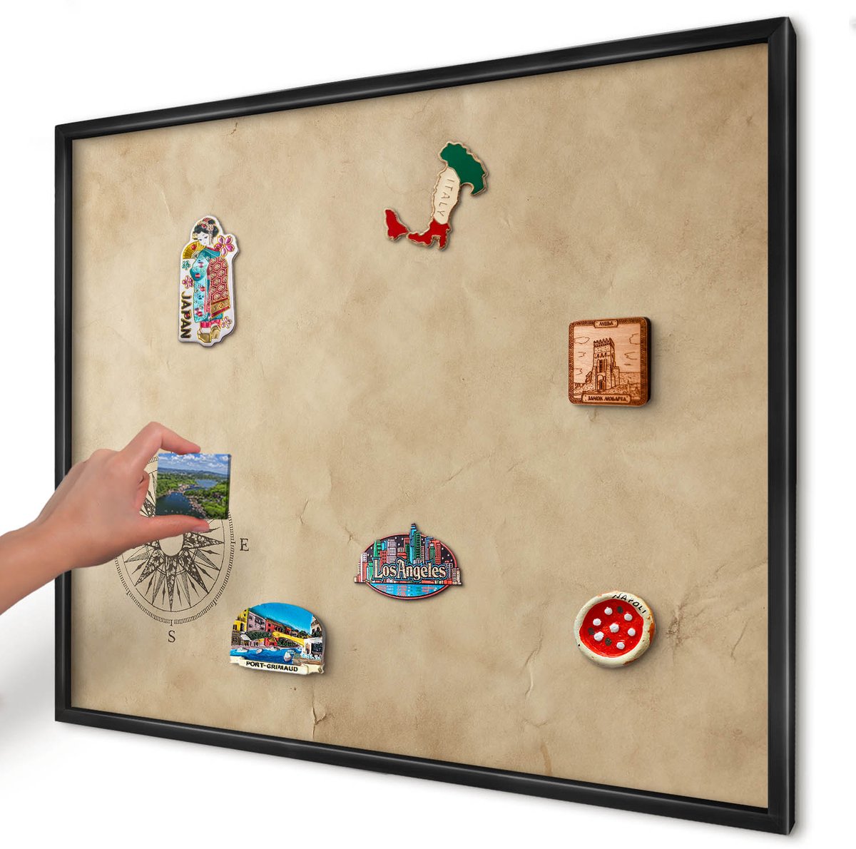 Artprintcave Beige Magneetbord mit Zwart Frame - 80x60 cm - Windroos Wandbord Magnetisch - Vintage Magneetbord Voor Keuken - Achtergronden En Patronen