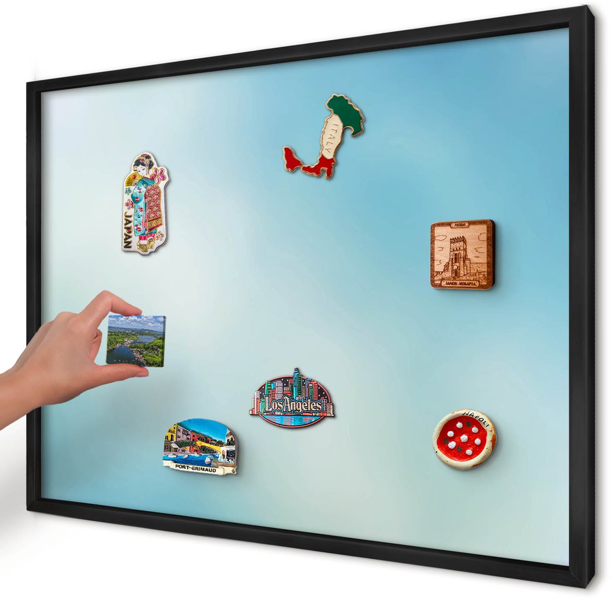 Artprintcave Blauw Magneetbord mit Zwart Frame - 70x50 cm - Blauwe Lucht Magneet Bord mit Frame - Minimalist Wandbord Magnetisch - Achtergronden En Patronen