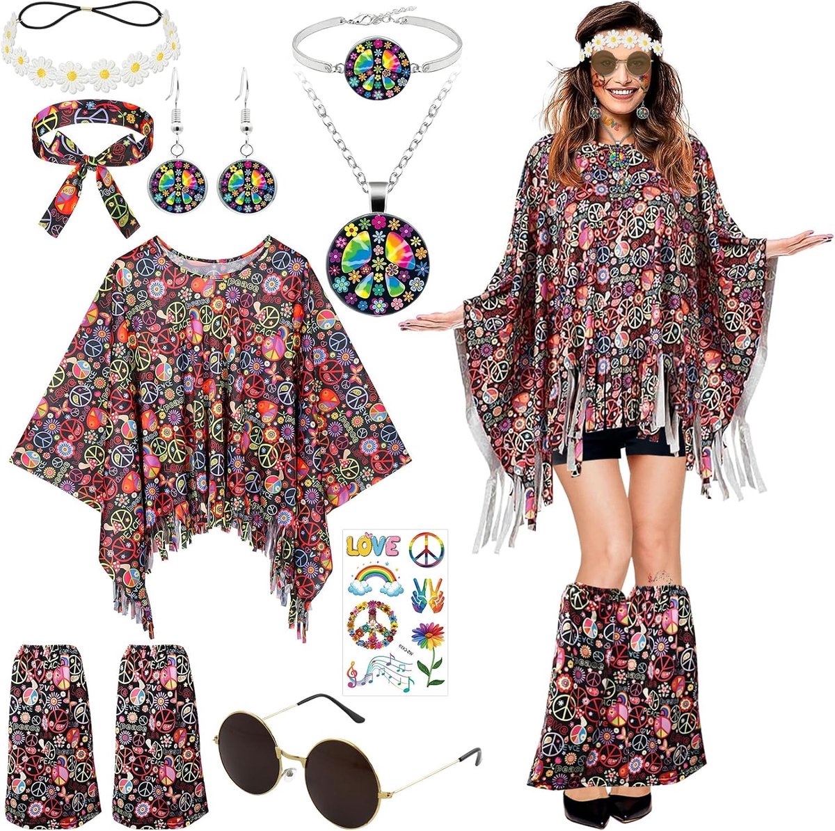 '70 hippiekostuum vrouwen met hippieaccessoires kleding met vredesketting bril oorbellen jaren '70 haarband bloemen laarscovers tattoo stickers carnaval kostuums