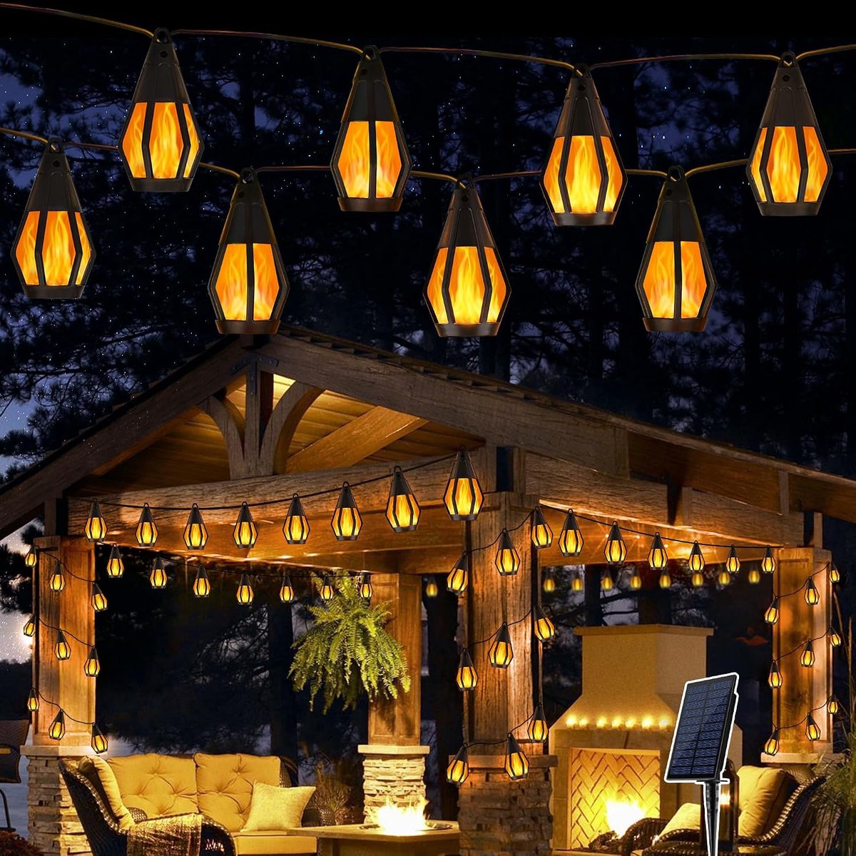 Lichtsnoer op zonne-energie voor buiten met vlammen, 13,3 m, 20 lampen, lichtketting voor buiten, met realistisch vlameffect, IP65 waterdicht, hangende zonnelampen voor buiten, tuin, feest