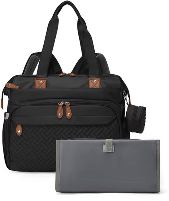 Sac à langer noir avec motif tissé, détails marrons, incluant un tapis à langer gris.